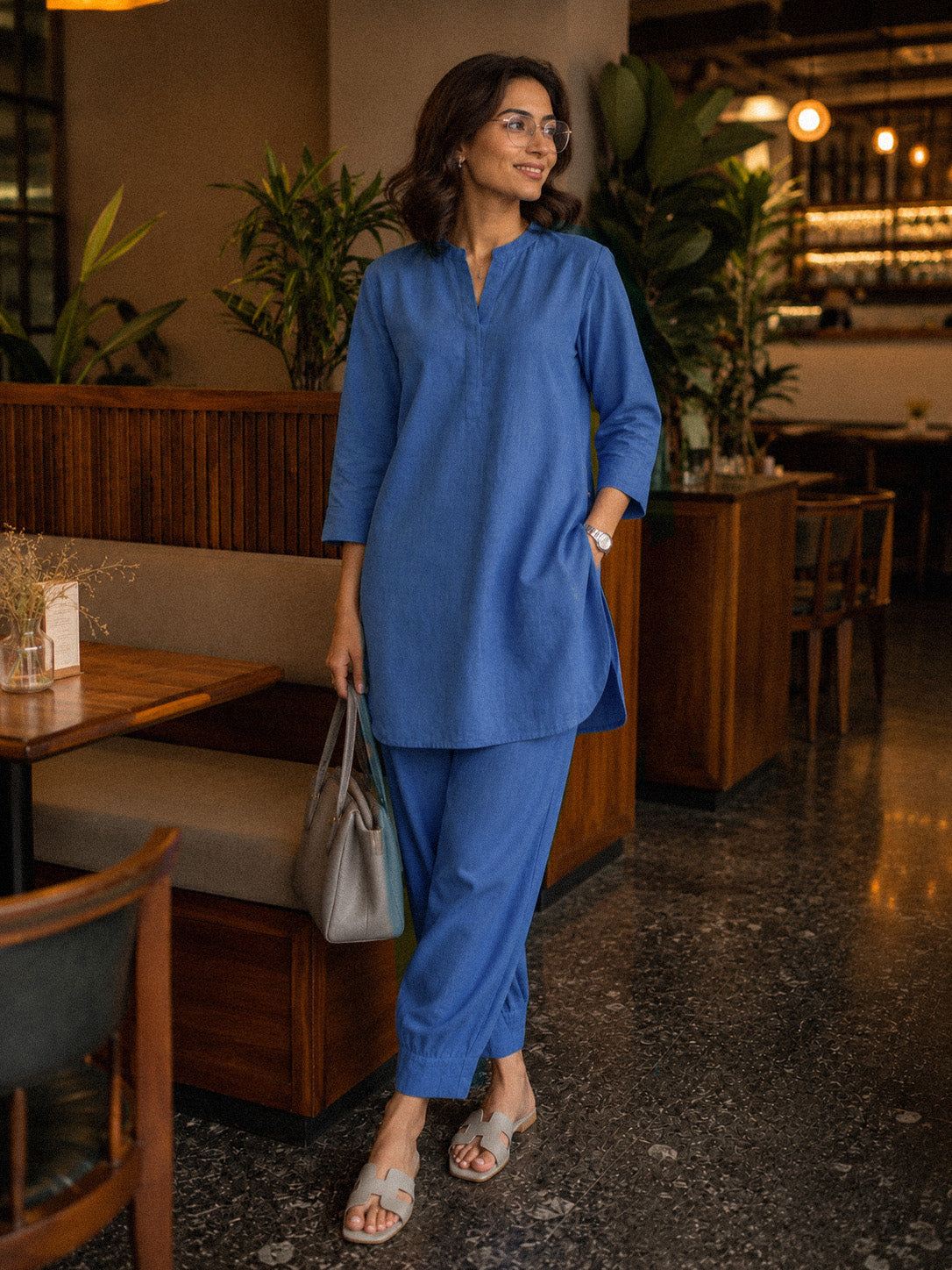 Mandarin Collar Mid-Length Kurta Set – Cobalt Blue