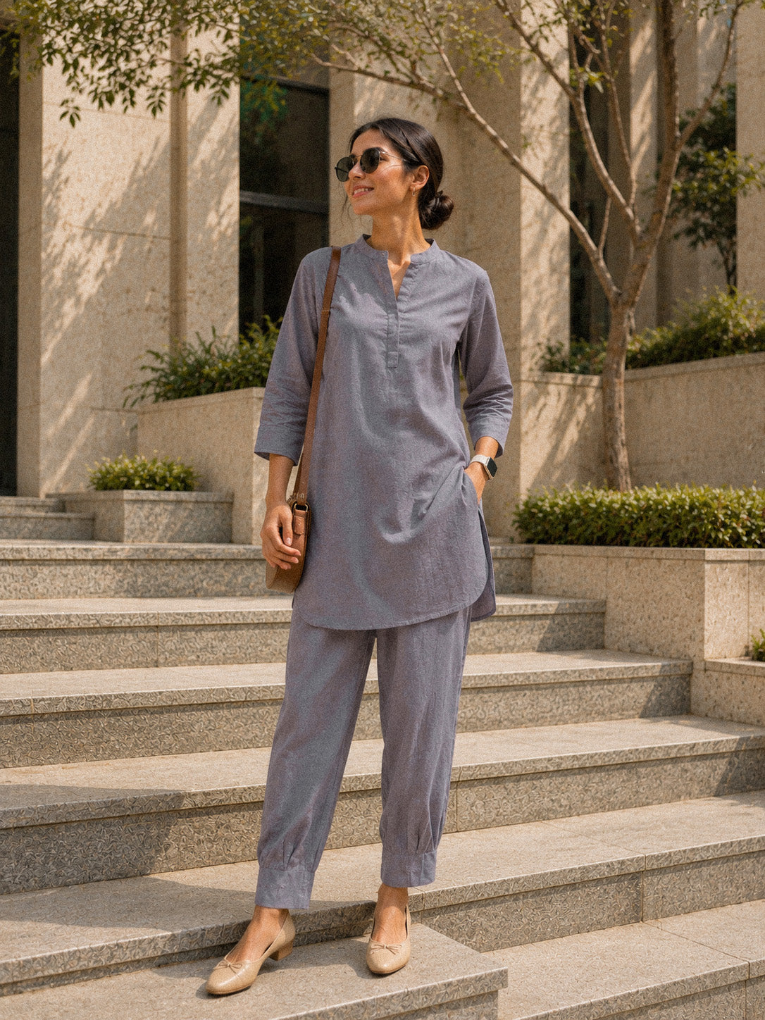 Mandarin Collar Mid-Length Kurta Set – Slate Grey
