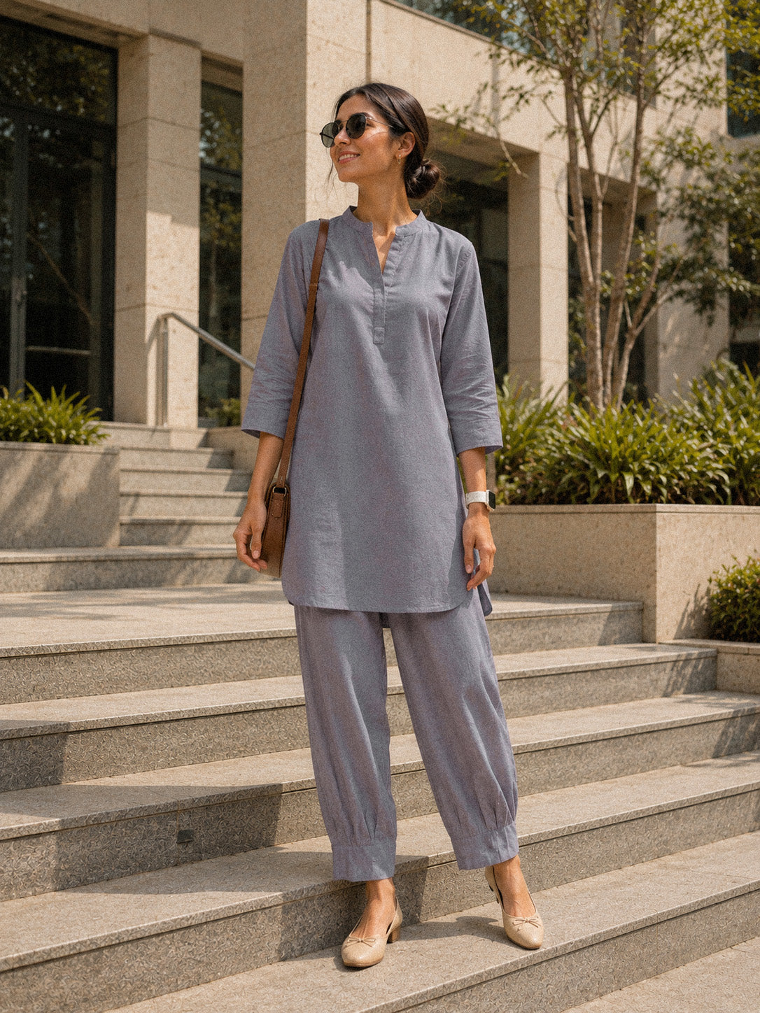 Mandarin Collar Mid-Length Kurta Set – Slate Grey