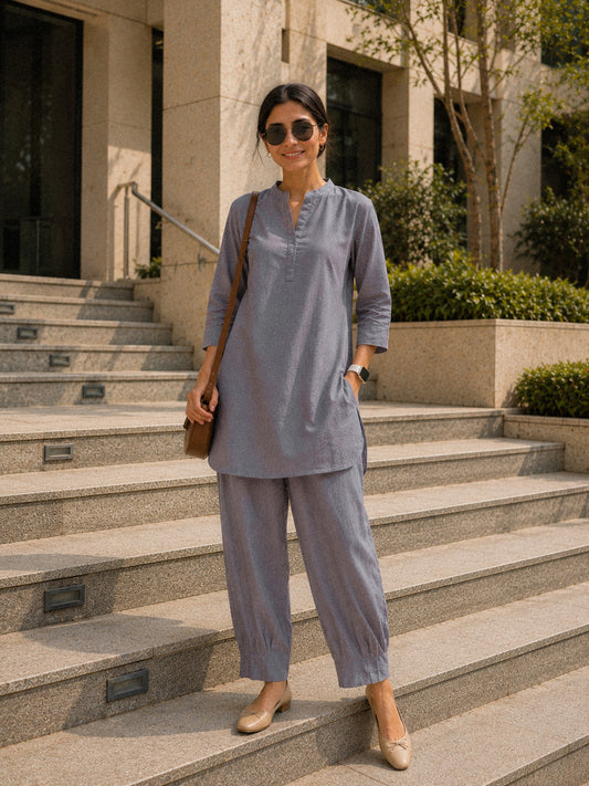 Mandarin Collar Mid-Length Kurta Set – Slate Grey