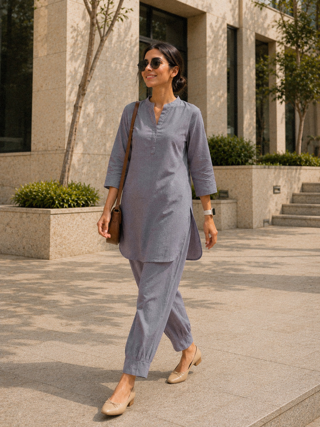 Mandarin Collar Mid-Length Kurta Set – Slate Grey