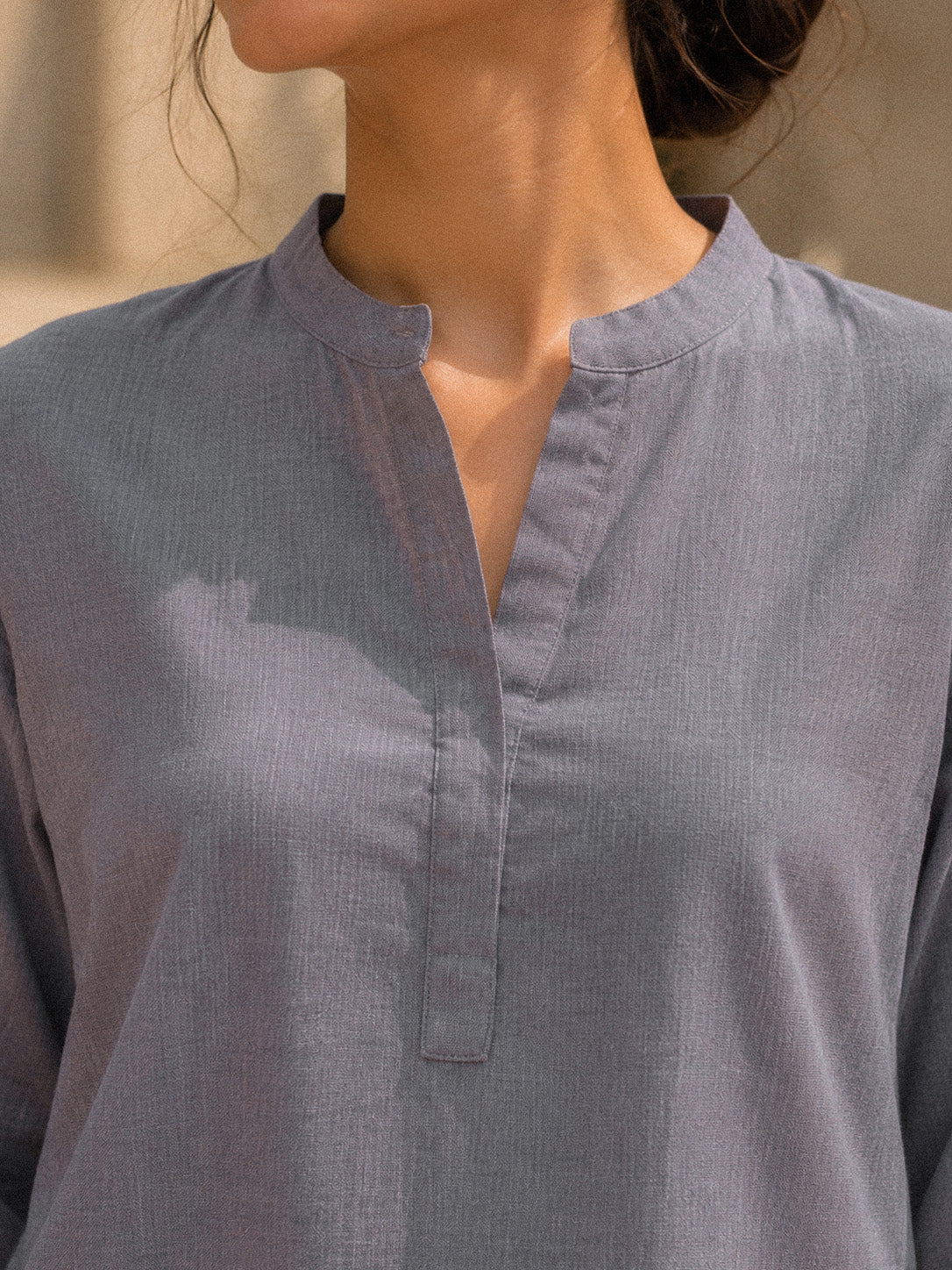 Mandarin Collar Mid-Length Kurta Set – Slate Grey