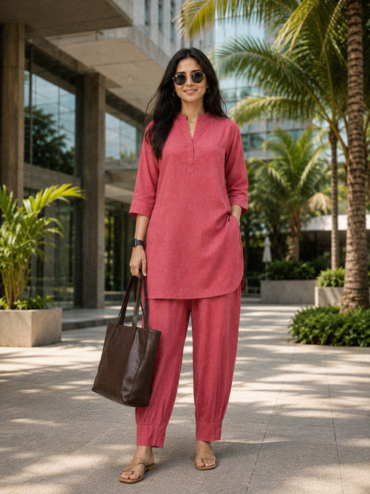 Mandarin Collar Mid-Length Kurta Set – Rose