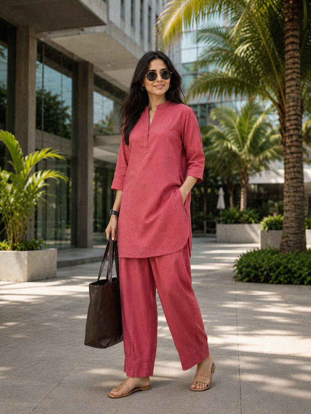 Mandarin Collar Mid-Length Kurta Set – Rose