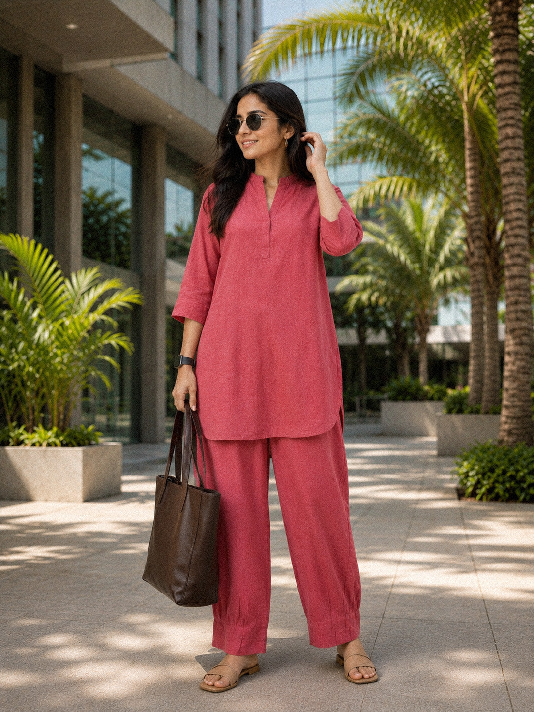 Mandarin Collar Mid-Length Kurta Set – Rose