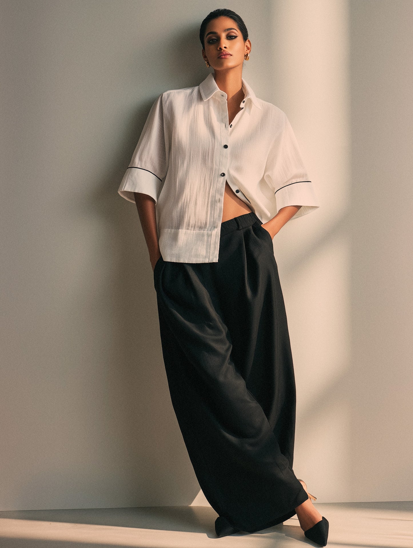 White Cotton Shirt With Black Piping.
