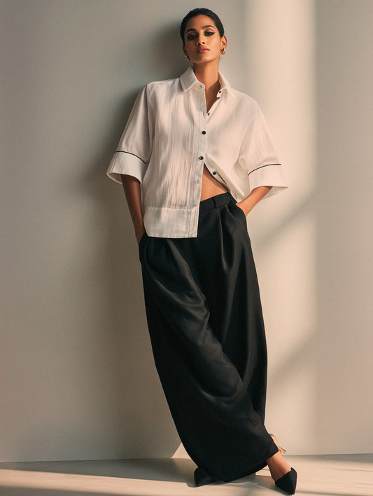 White Cotton Shirt With Black Piping.