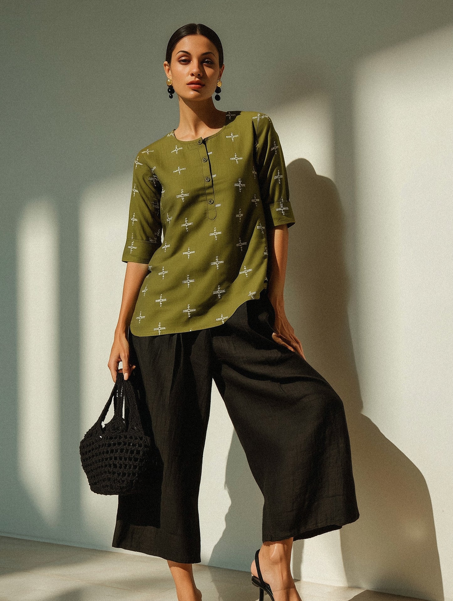 Olive Cotton Embroidered Top
