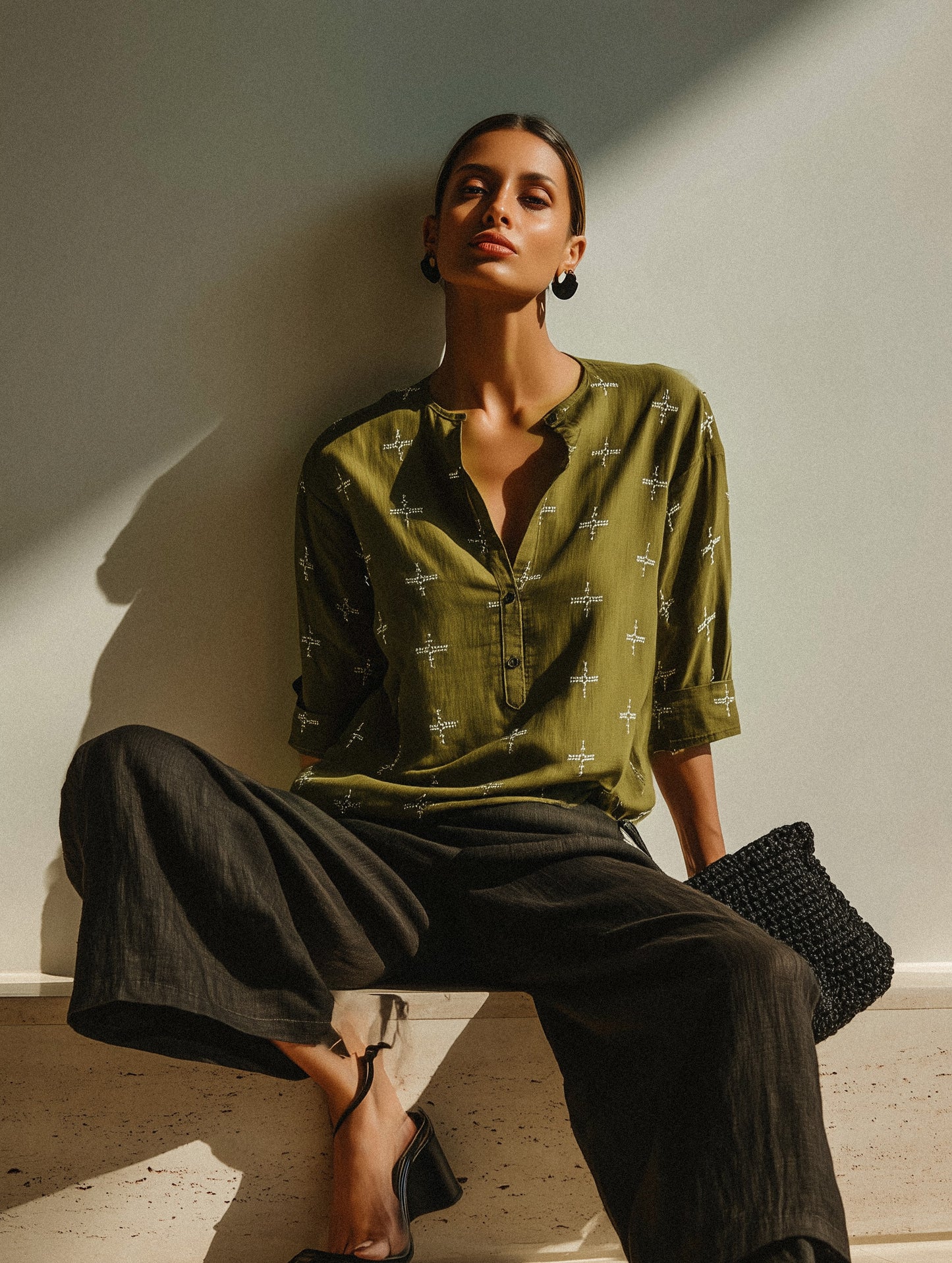 Olive Cotton Embroidered Top