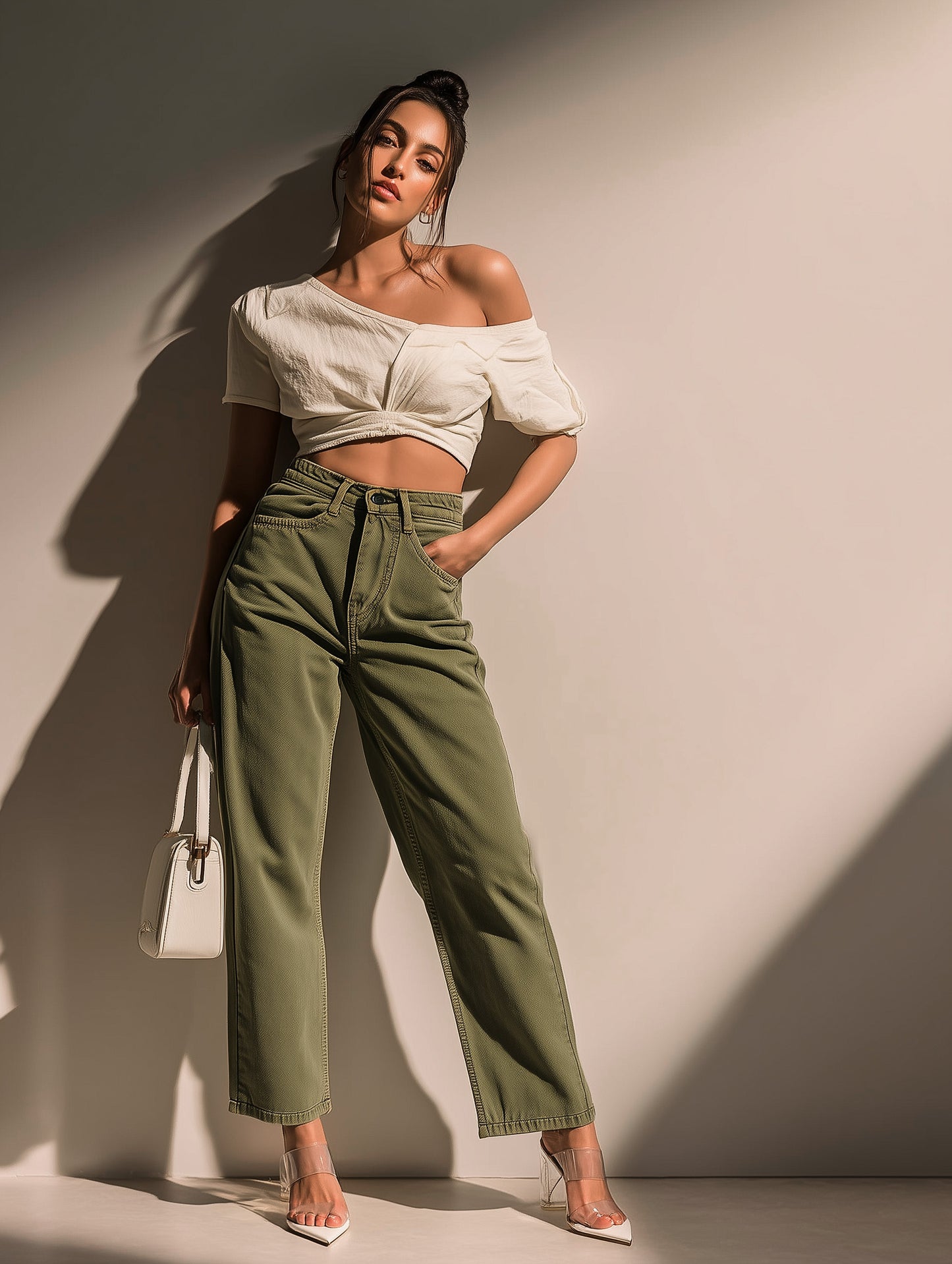 Olive Green Straight Fit Wide Leg Jeans