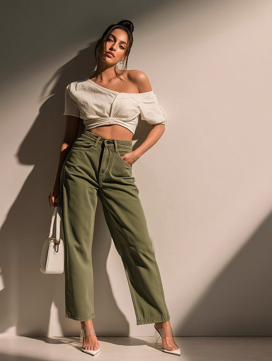 Olive Green Straight Fit Wide Leg Jeans