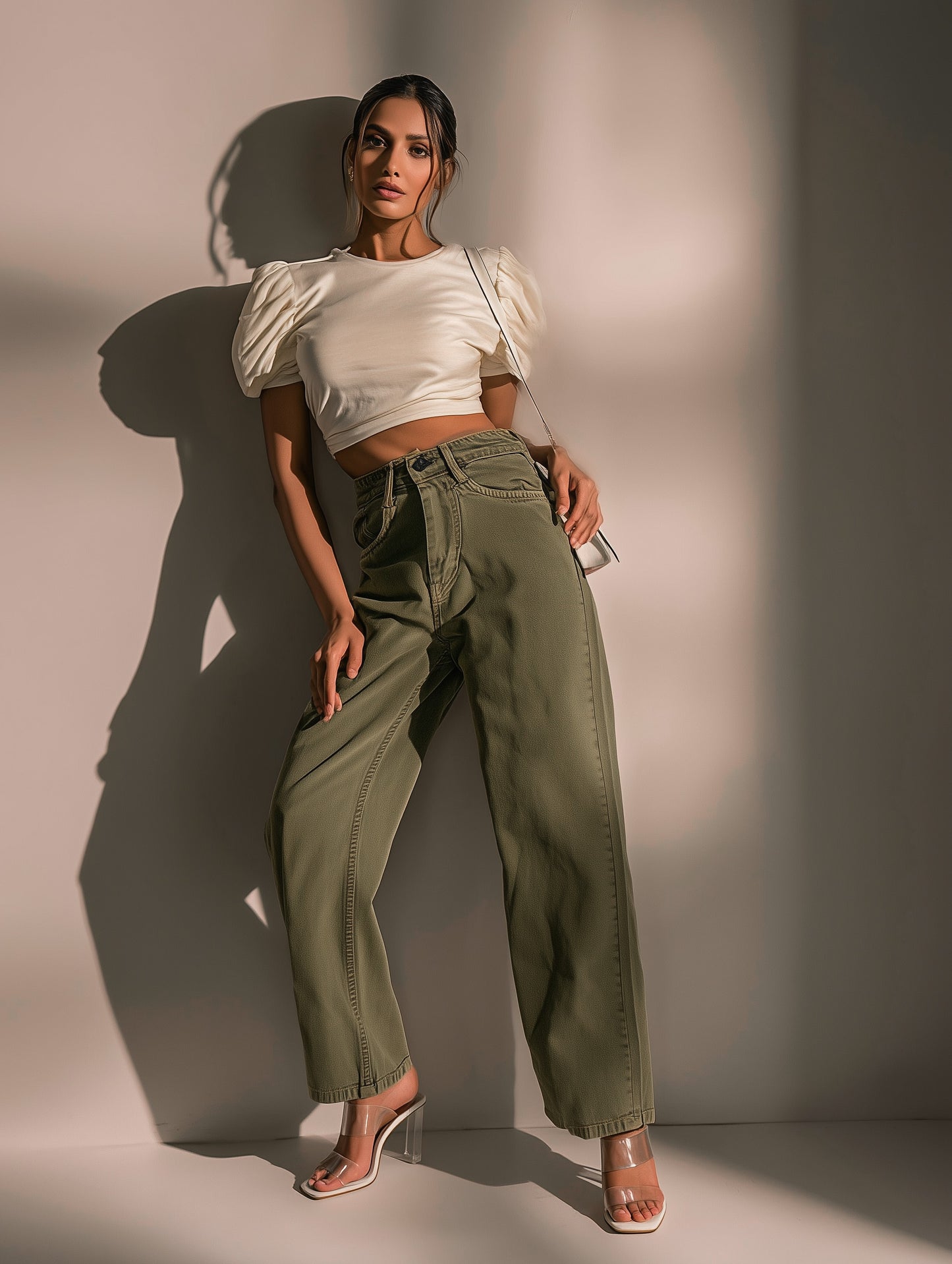 Olive Green Straight Fit Wide Leg Jeans