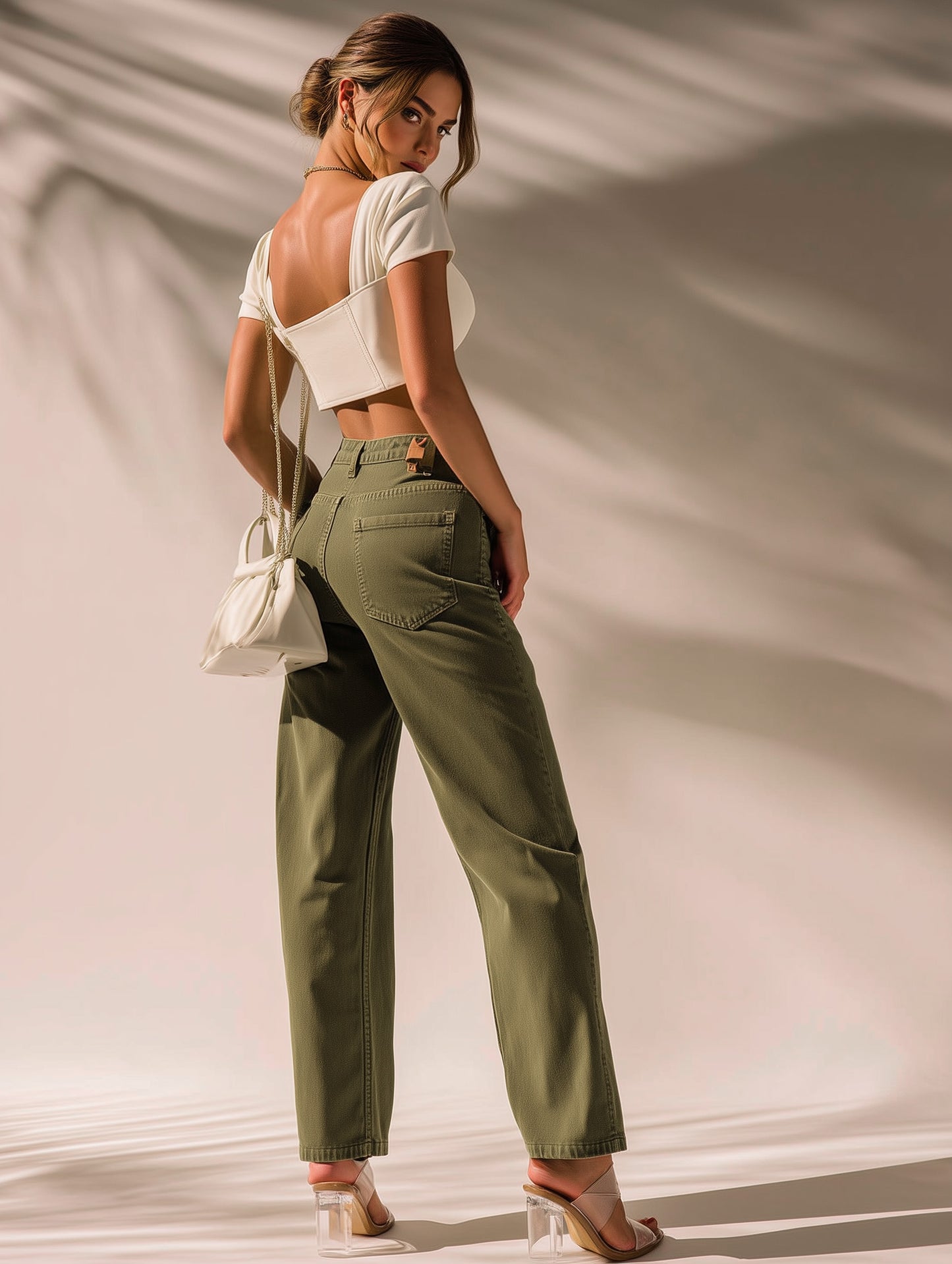 Olive Green Straight Fit Wide Leg Jeans