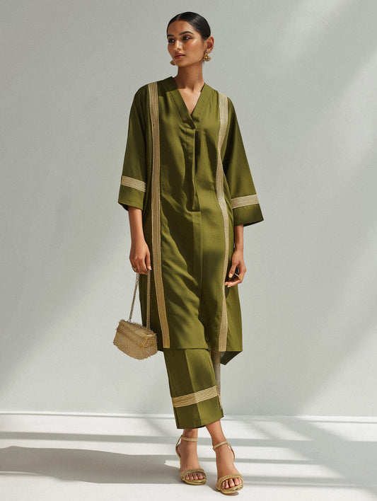 Olive Green Embellished Cotton Straight Kurta Set