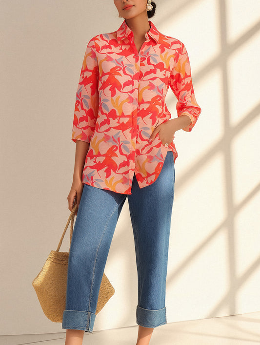 Printed Coral Chanderi Shirt