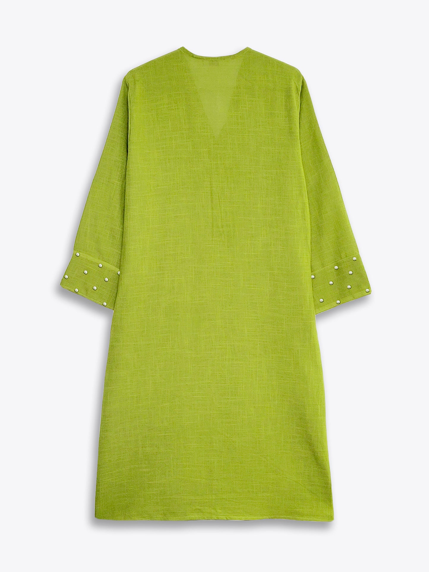 Lime Green Pearl Work V-Neck Cotton Kurta Set