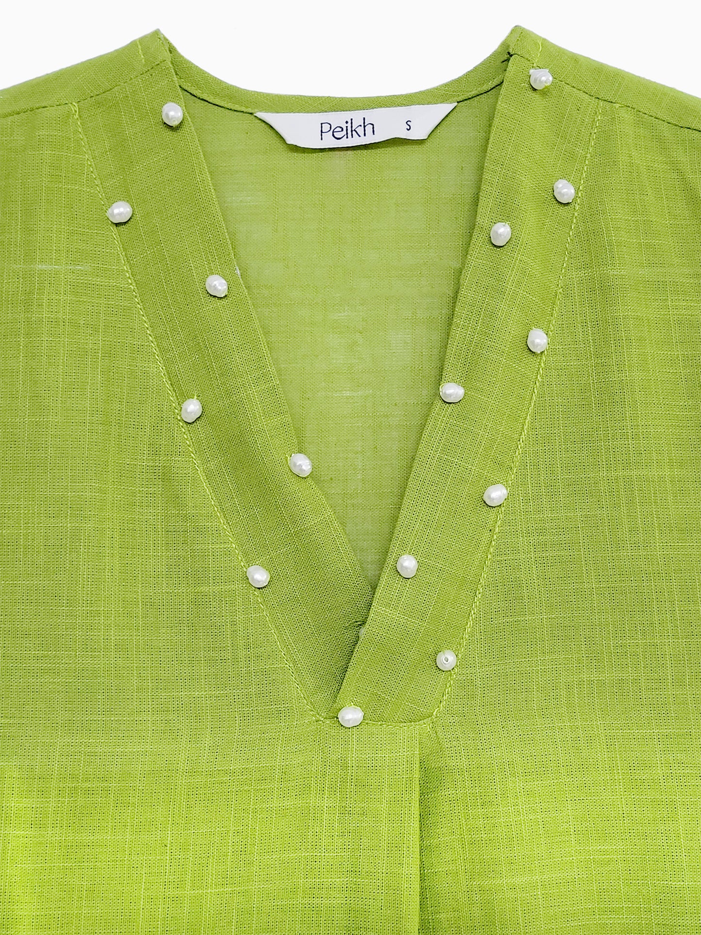 Lime Green Pearl Work V-Neck Cotton Kurta Set