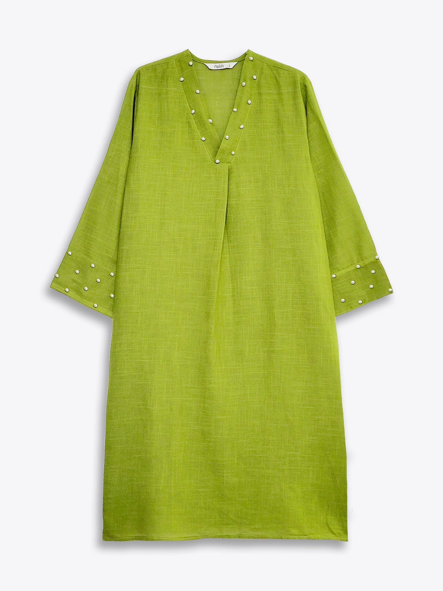 Lime Green Pearl Work V-Neck Cotton Kurta Set