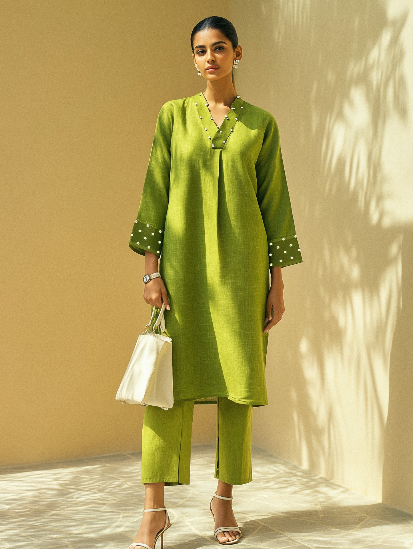 Lime Green Pearl Work V-Neck Cotton Kurta Set