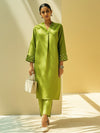 Lime Green Pearl Work V-Neck Cotton Kurta Set