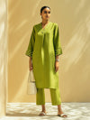 Lime Green Pearl Work V-Neck Cotton Kurta Set