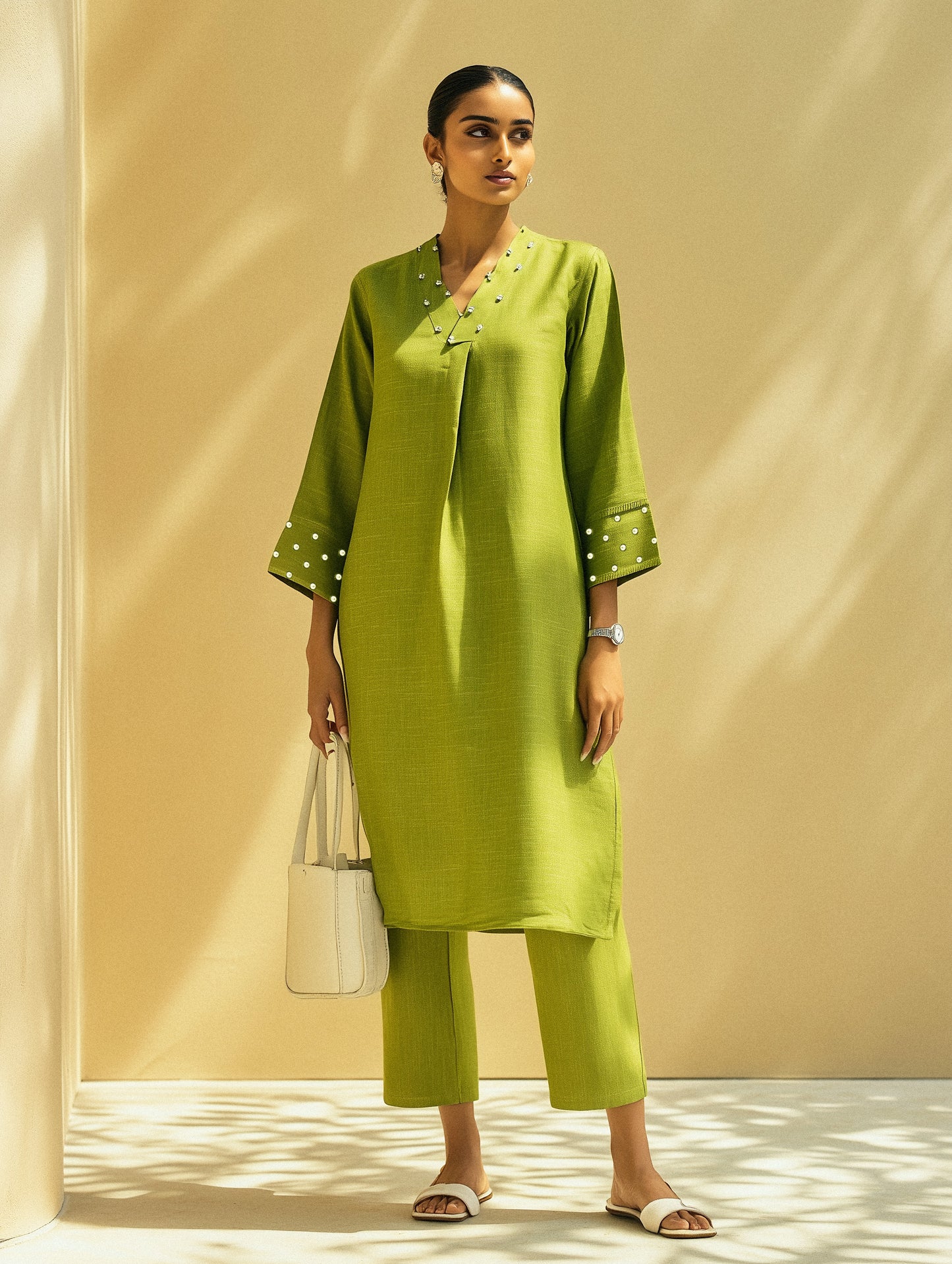 Lime Green Pearl Work V-Neck Cotton Kurta Set