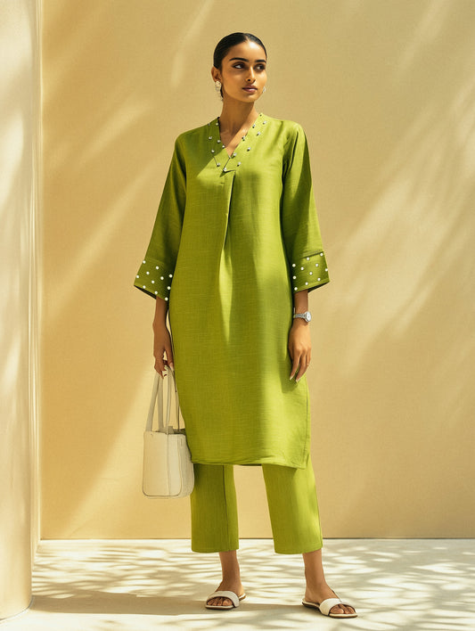 Lime Green Pearl Work V-Neck Cotton Kurta Set