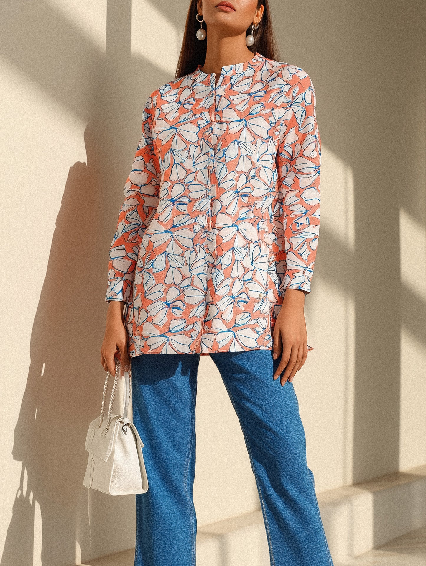 Floral Mandarin Collar Linen Shirt