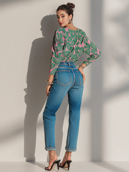 Pink Leafy V Neck Printed Shirt