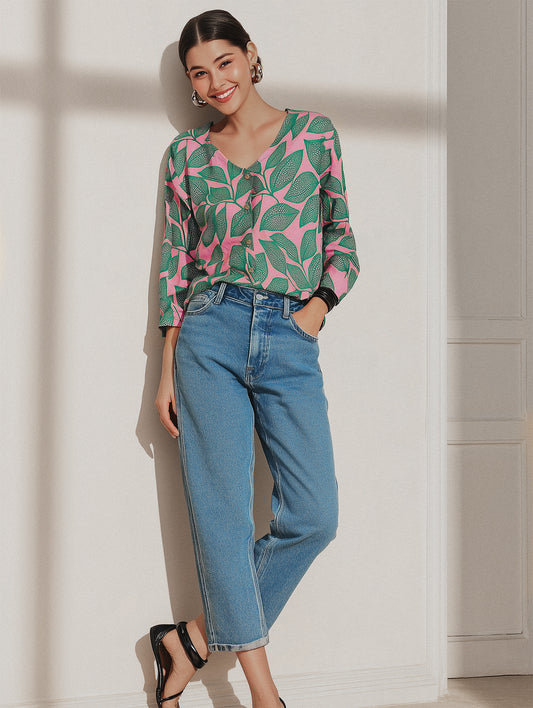 Pink Leafy V Neck Printed Shirt