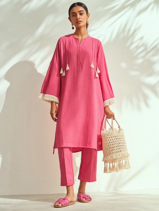Flamingo Pink Embellished Cotton A-Line Kurta Set