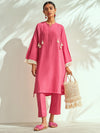 Flamingo Pink Embellished Cotton A-Line Kurta Set