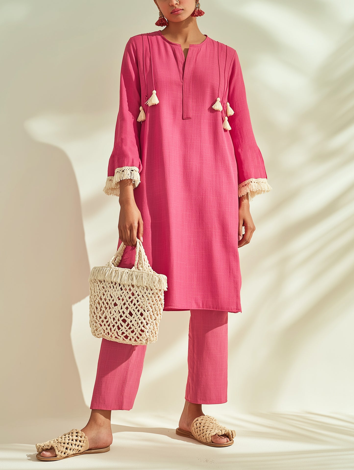 Flamingo Pink Embellished Cotton A-Line Kurta Set