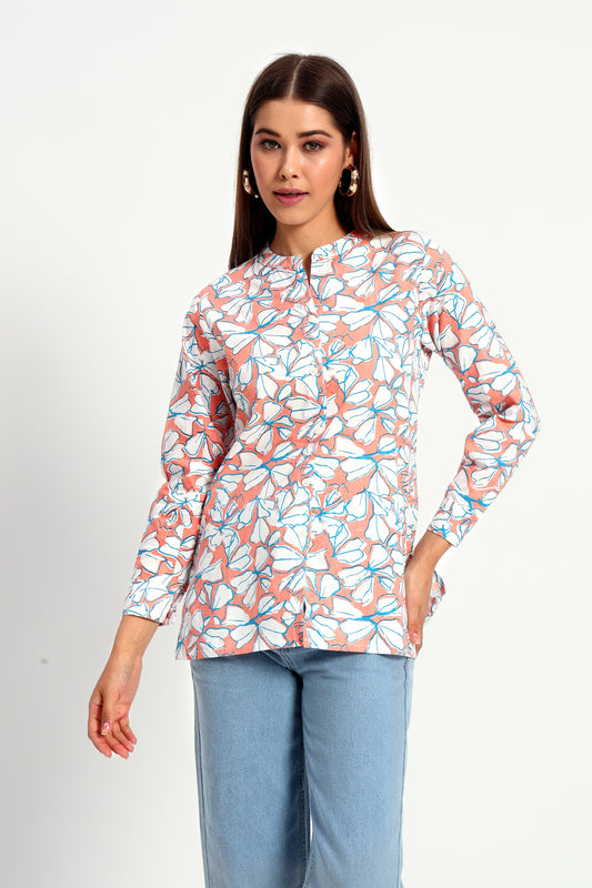 Floral Mandarin Collar Linen Shirt