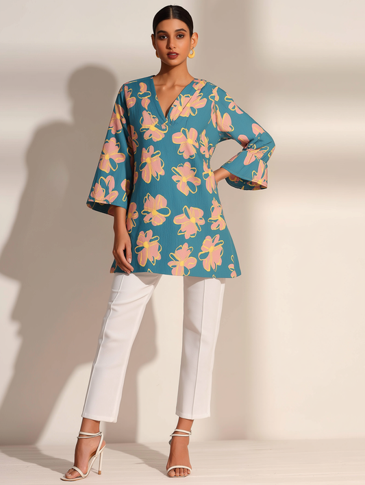 Floral V-Neck Wrinkled Tunic
