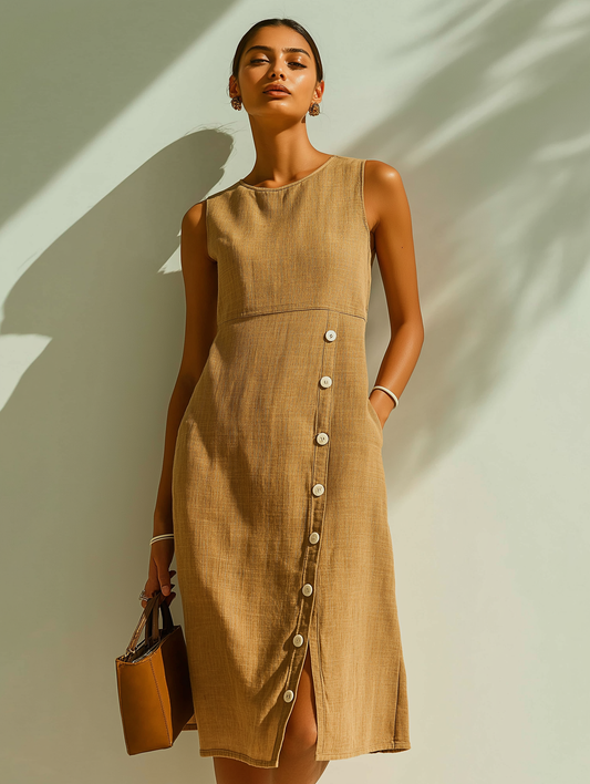 Brown Buttoned A-Line Dress