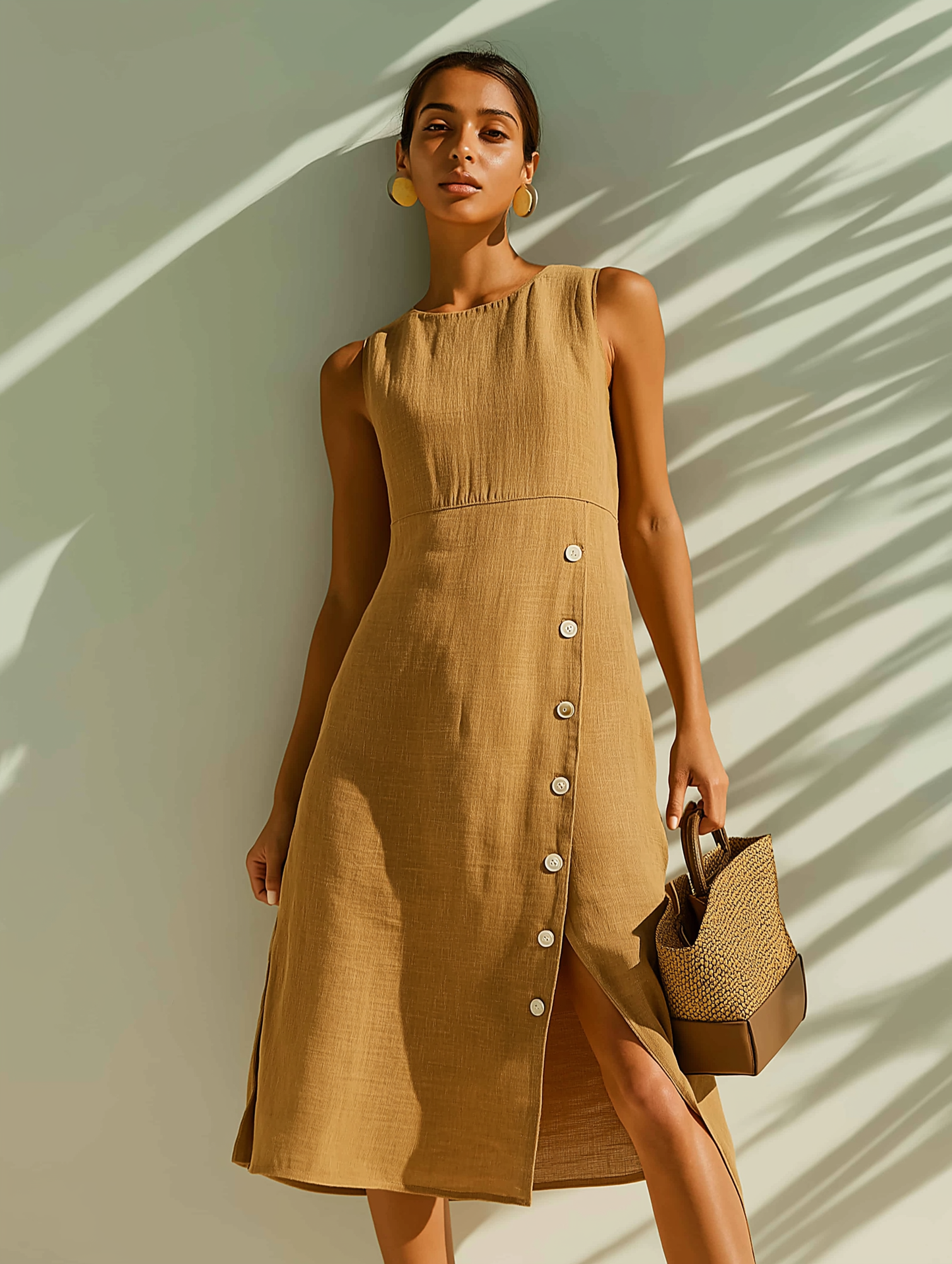 Brown Buttoned A-Line Dress