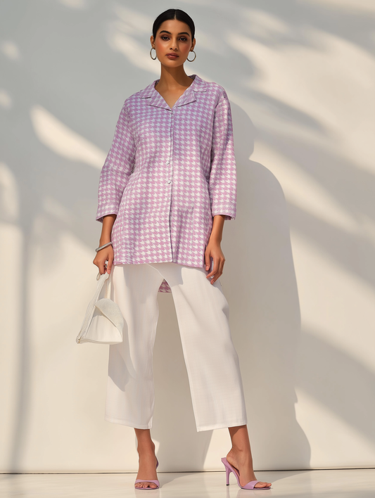 Lilac Houndstooth Lapel Collar Shirt