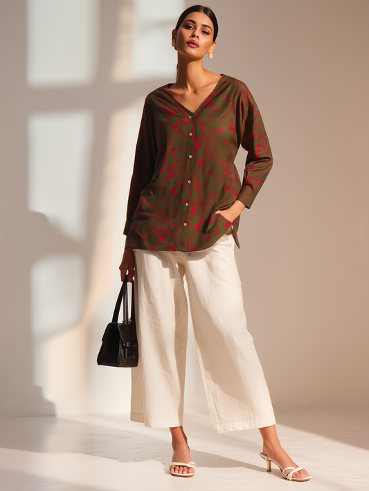 Olive V Neck Printed Shirt