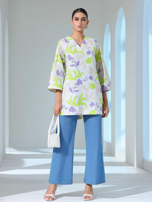 Leafy Printed Linen V-Neck Tunic