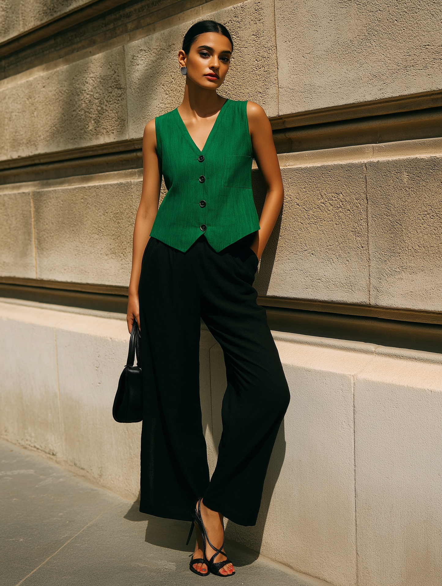 Green - Linen Blend Waistcoat And Trousers Co-Ord Set