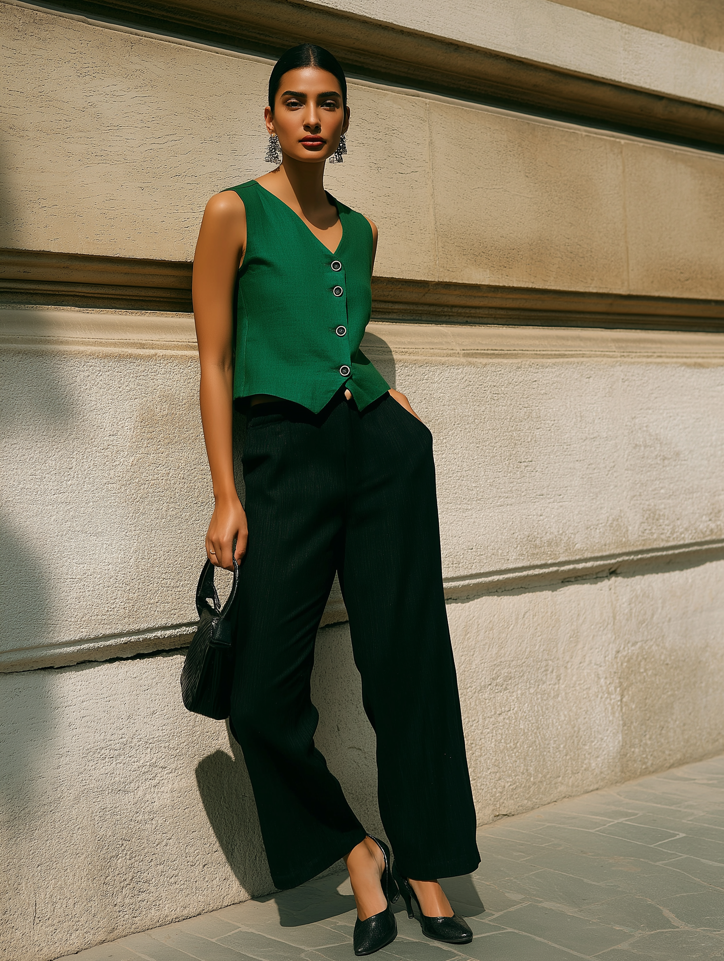 Green - Linen Blend Waistcoat And Trousers Co-Ord Set