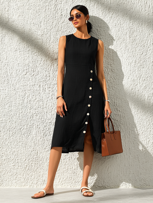 Black Buttoned A-Line Dress