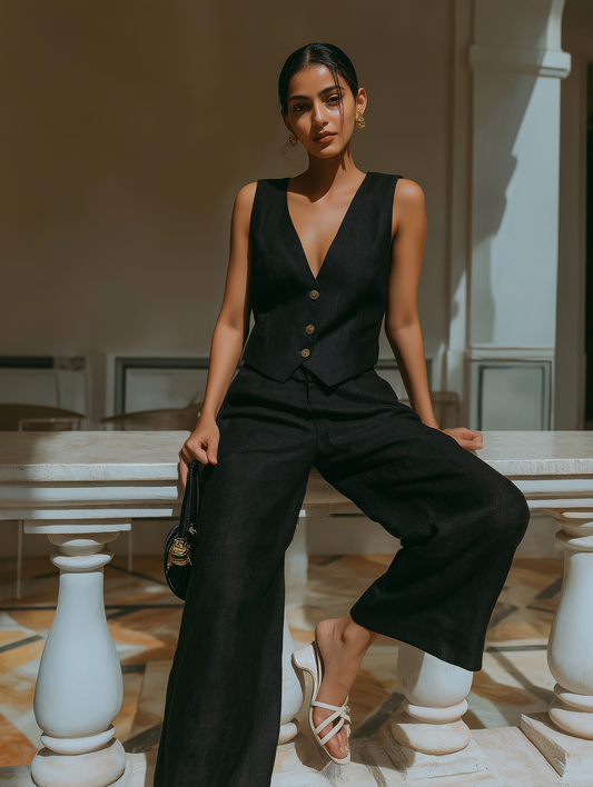 Black - Linen Blend Waistcoat And Trousers Co-Ord Set