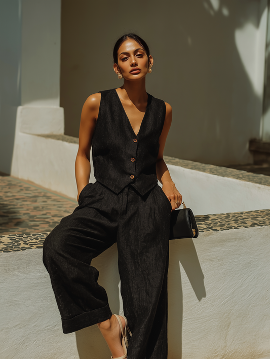 Black - Linen Blend Waistcoat And Trousers Co-Ord Set