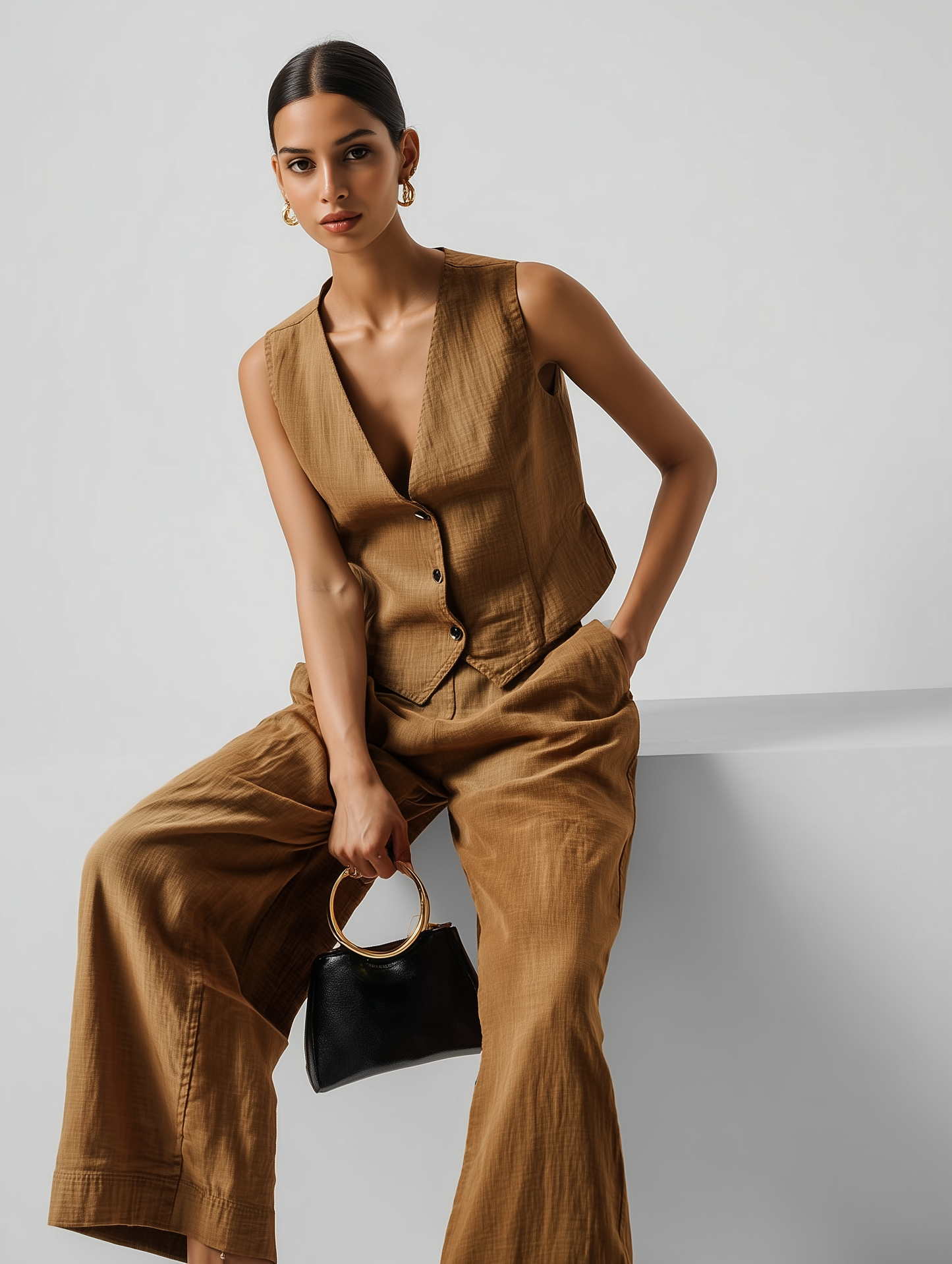 Brown - Linen Blend Waistcoat And Trousers Co-Ord Set