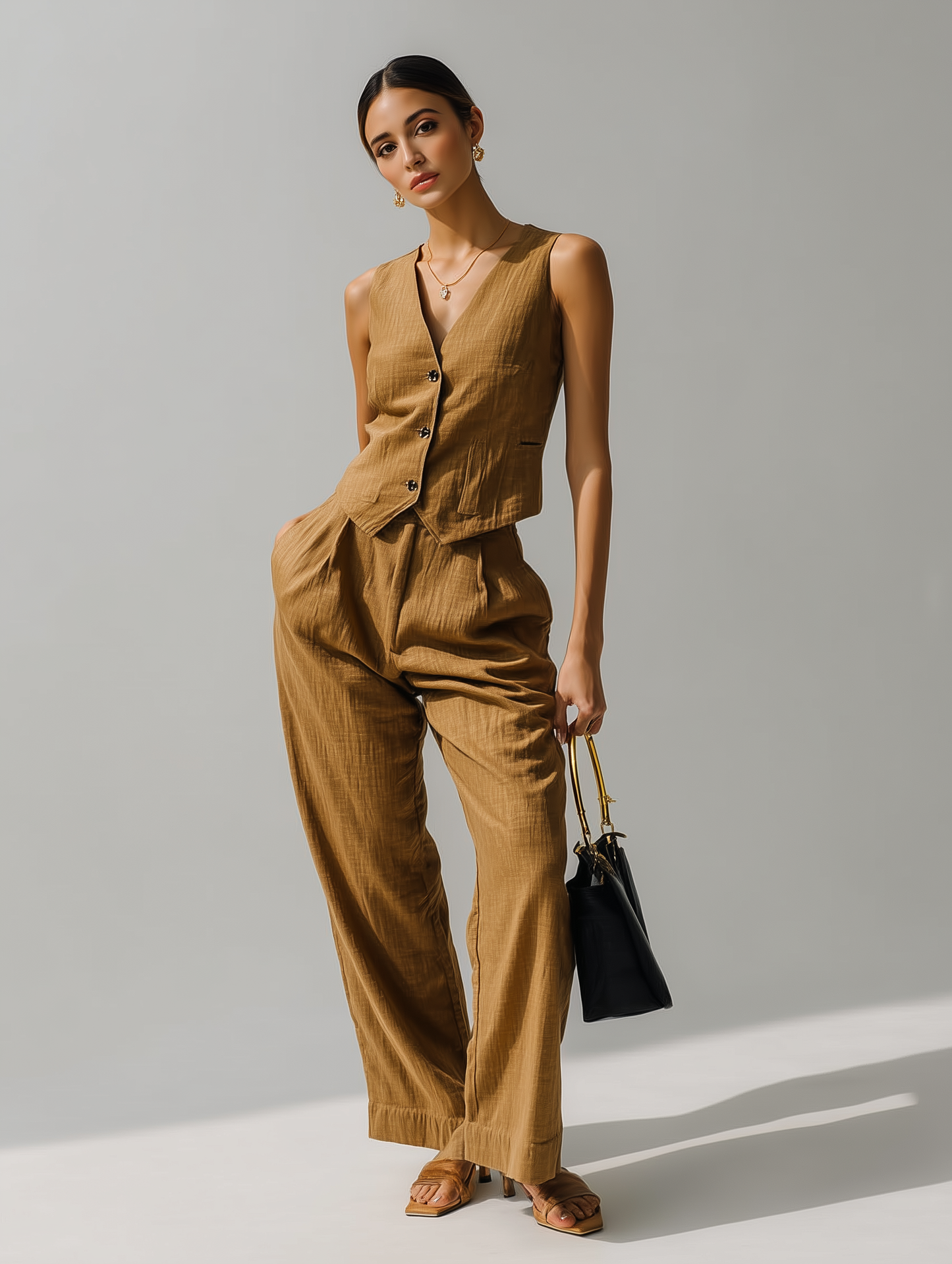 Brown - Linen Blend Waistcoat And Trousers Co-Ord Set