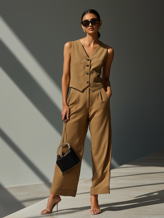 Brown - Linen Blend Waistcoat And Trousers Co-Ord Set