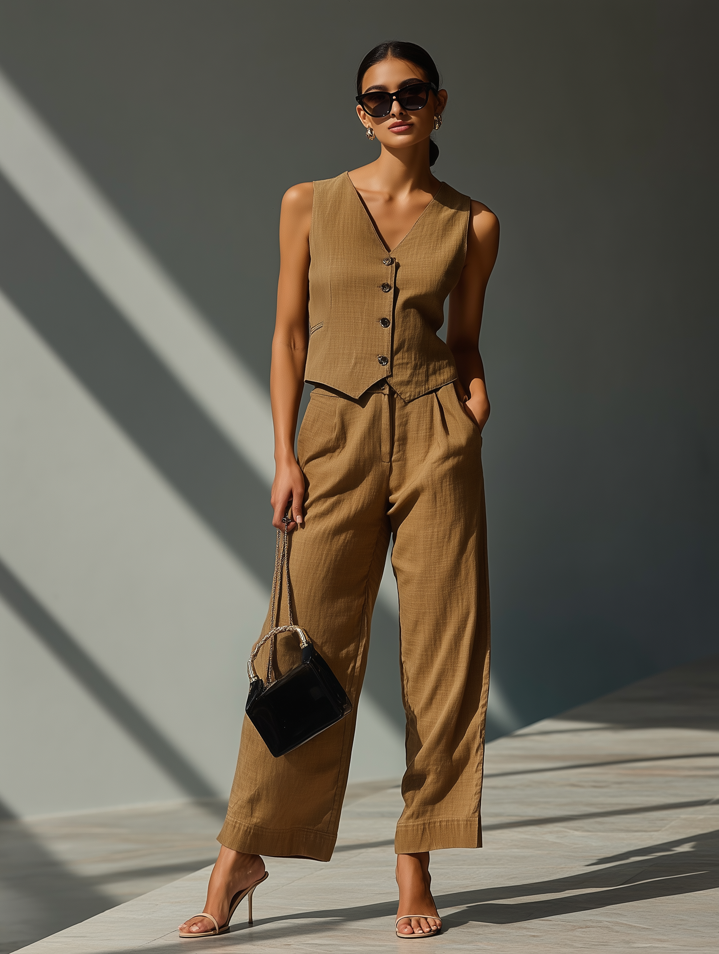 Brown - Linen Blend Waistcoat And Trousers Co-Ord Set
