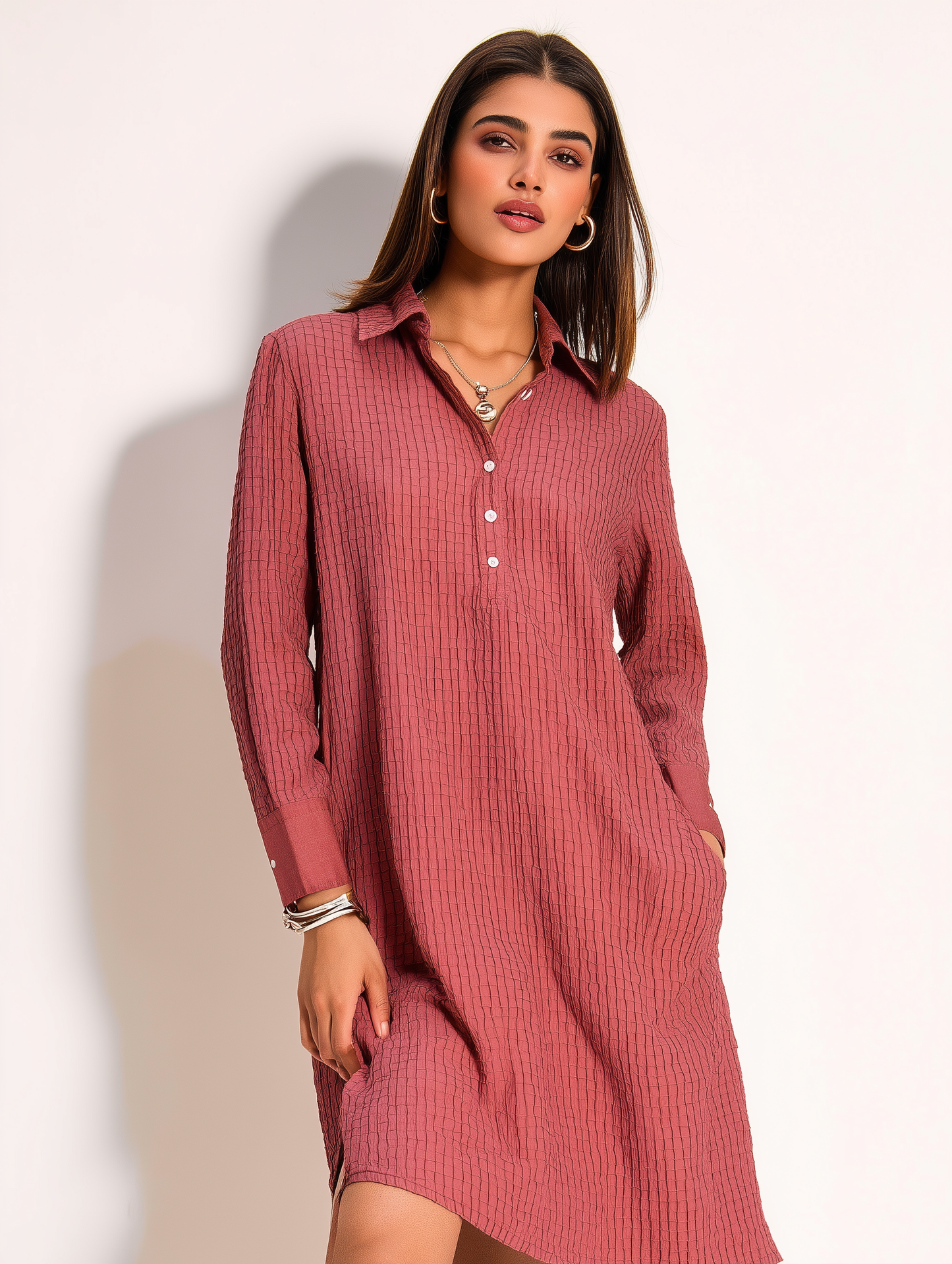 Wrinkle Dark Blush Pink Straight Dress